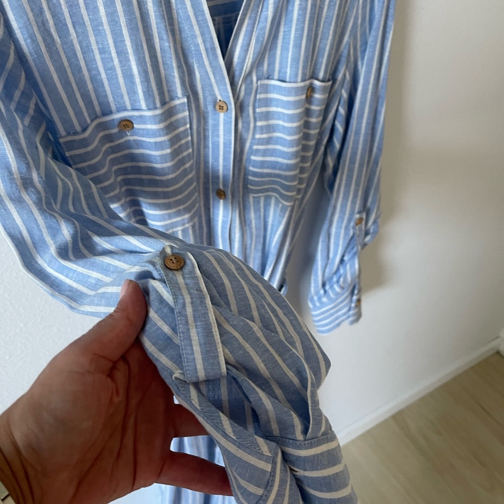 Zara women’s Blue Dress belted, long sleeve  White stripe long Dress shirt Small - Picture 8 of 12